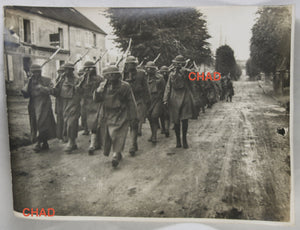 WW1 photo American troops wearing gas masks marching in France #2