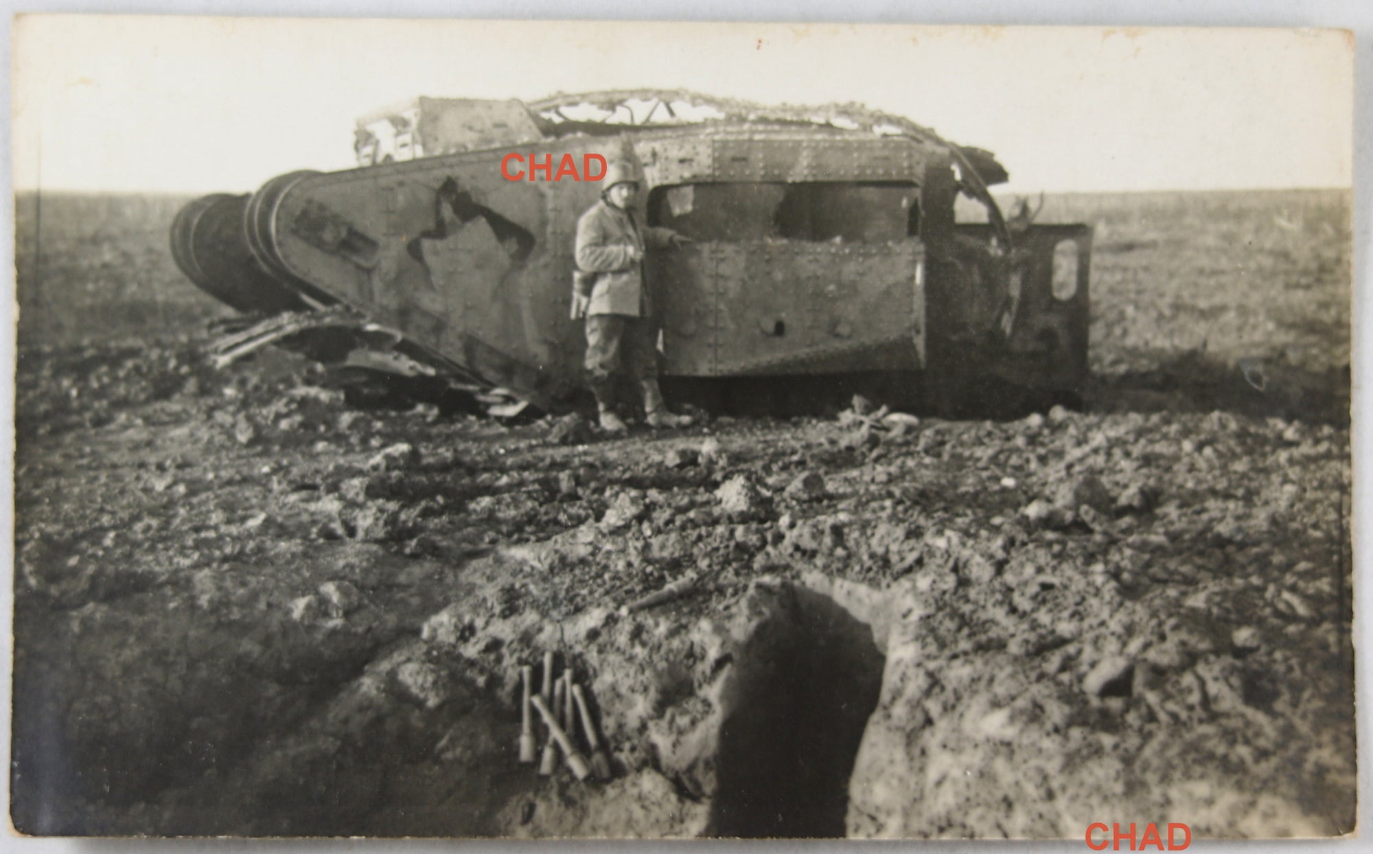 WW1 photo German soldier beside English tank Cambrai @1917
