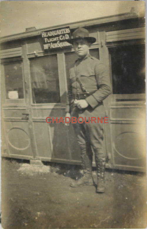 WW1 photo of American in front of HQ 199th Squadron, England