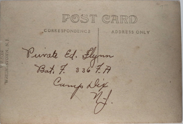WW1 photo postcard American private, 336th Field Artillery Camp Dix