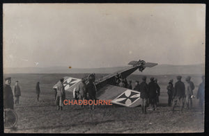 WW1 photo postcard German Fokker E monoplane crash in field c.1915-16