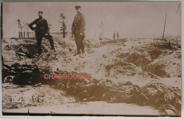 WW1 photo postcard of German war dead near trenches