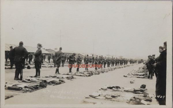 WW1 photo postcard, troops doing kit inspection, St. Nazaire France