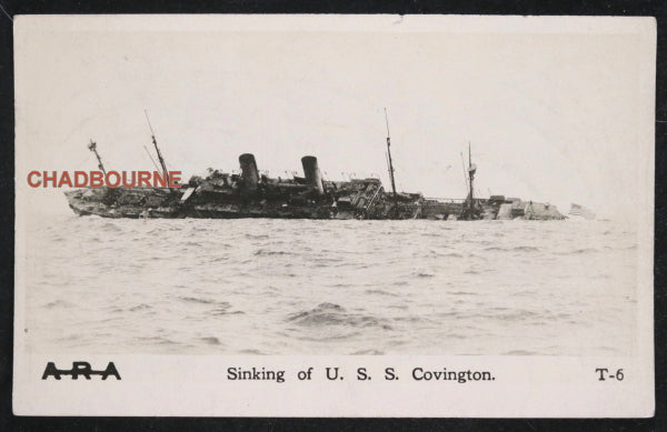 WW1 set of 2 photo postcards showing sinking of U.S.S. Covington
