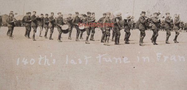 WW1 photo postcard U.S. 140th Regiment in France, marching band c.1919
