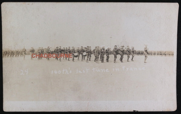 WW1 photo postcard U.S. 140th Regiment in France, marching band c.1919