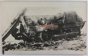 WW1 photo postcard of burned wreck of Schneider tank