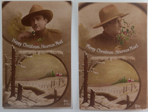 WW1 set of 5 French postcards – soldier and Holiday Greetings