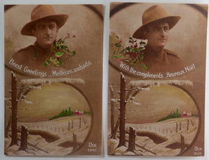WW1 set of 5 French postcards – soldier and Holiday Greetings