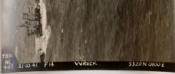WW2 1941 UK aerial photo of naval wreck at sea, North Sea