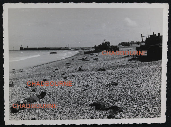 WW2 1942 Dieppe France, photo of beach, Churchill tank and KIA.