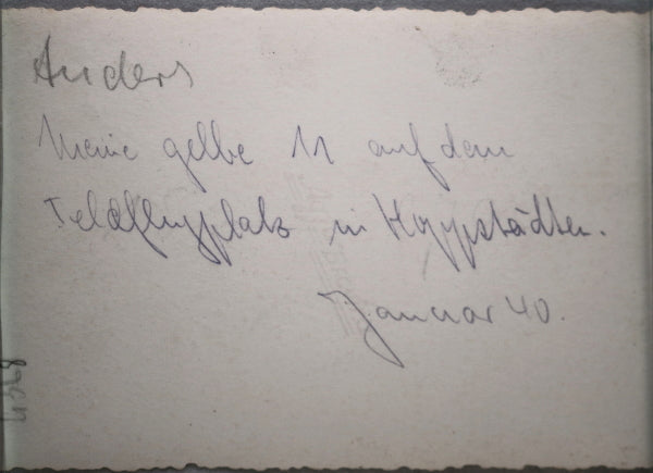 WW2 1940 winter photo of German Messerschmidt parked at grass airfield