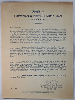 WW2 1943 invitation British & American troops Charity Show India