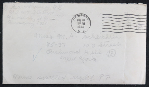 WW2 1943 letter sailor at Naval Station Newport RI to girl back home