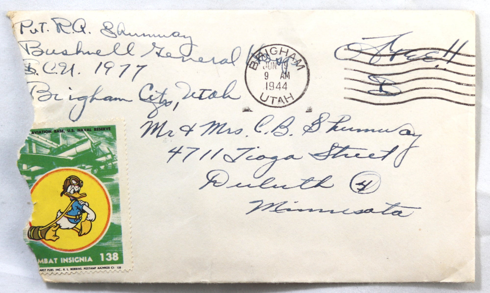 WW2 1944 US military letter with Disney patriotic stamp, Brigham UT