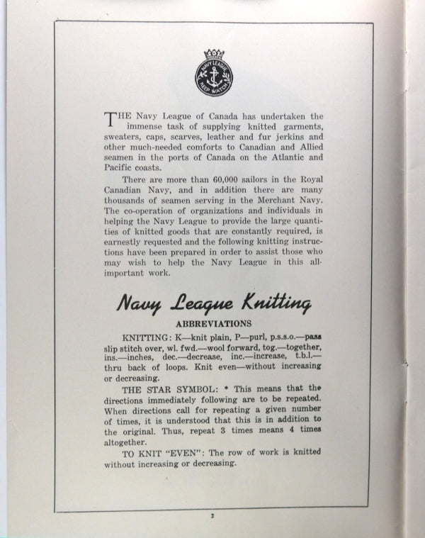 WW2 knitting instructions, garments for Canadian sailors c.1940
