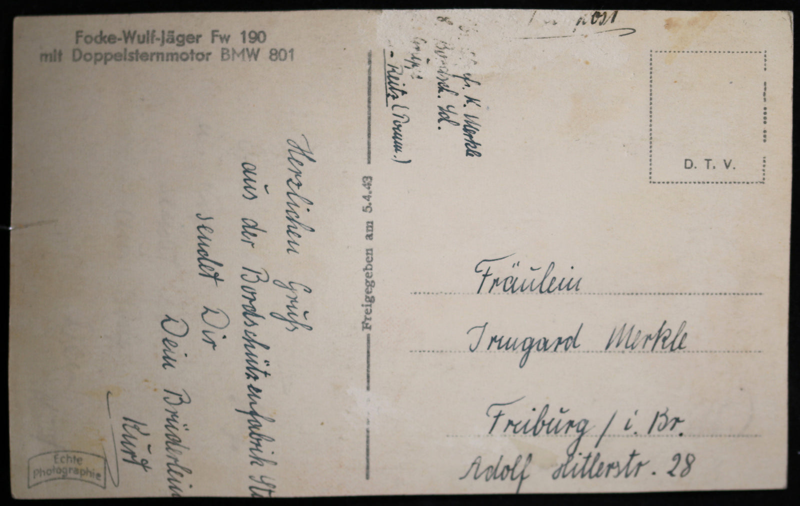 WW2 photo postcard of German Fw 190 fighter plane on tarmac