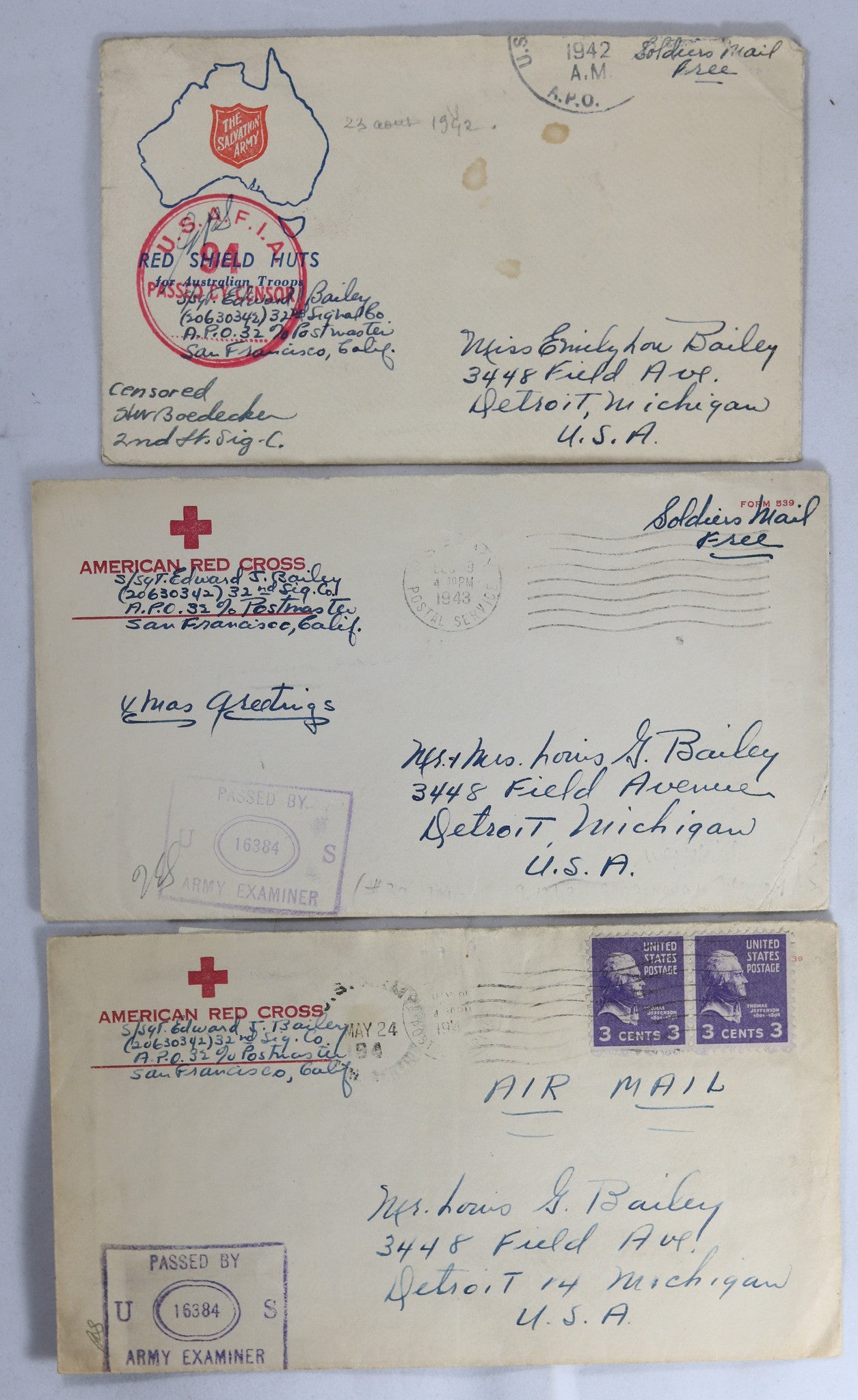 WW2 set of three letters from 32nd Signals Staff Sgt. 1942-44 (War in Pacific) WW2 set of three letters from 32nd Signals Staff Sgt. 1942-44 (War in Pacific)
