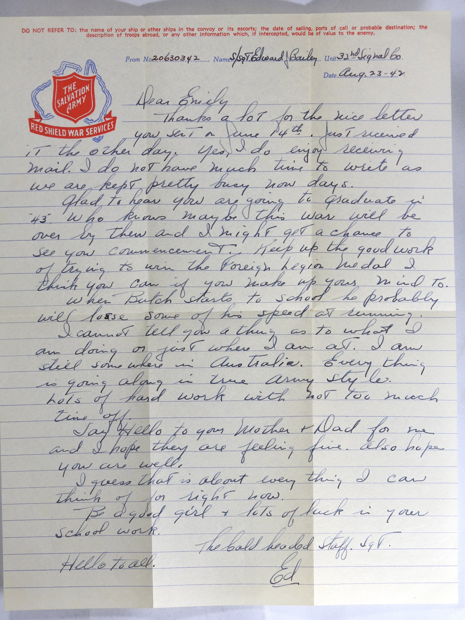 WW2 set of three letters 32nd Signals Staff Sgt. 1942-44 (War in Pacific)