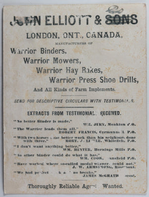 Warrior farm products trade card - Canada 1880s
