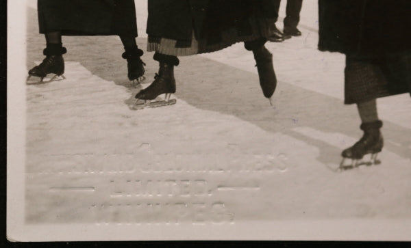 Winnipeg winter scenes, two photos of skaters on Red River c. 1920
