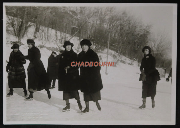 Winnipeg winter scenes, two photos of skaters on Red River c. 1920