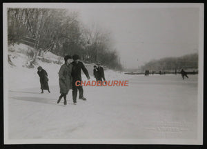 Winnipeg winter scenes, two photos of skaters on Red River c. 1920