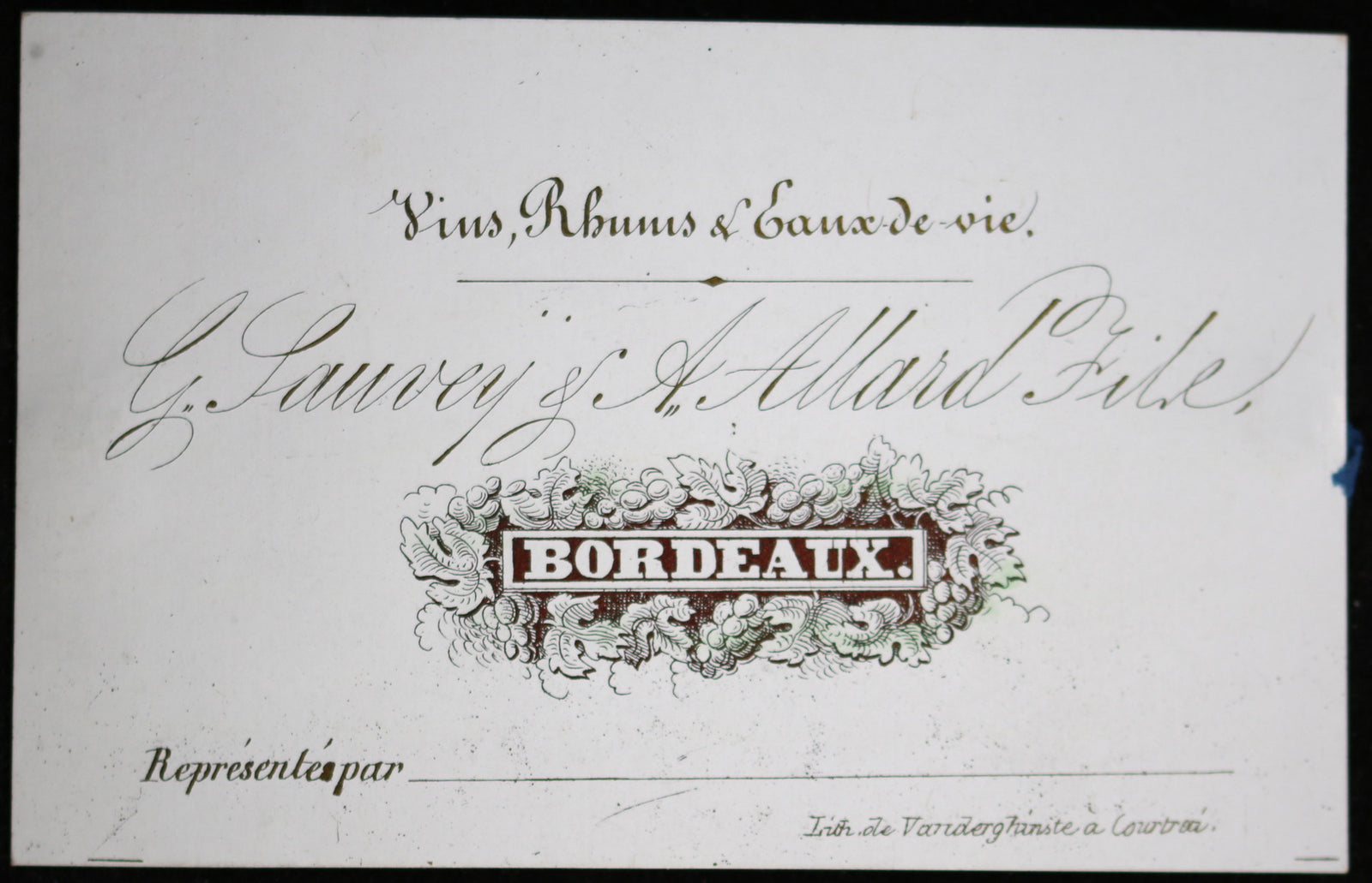 XIXe carte de visite maison de vin Sauvey et Allard à Bordeaux