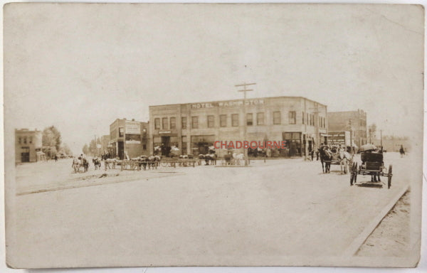 c. 1910s USA Oregon(?) photo postcard horses and Hotel Washington 