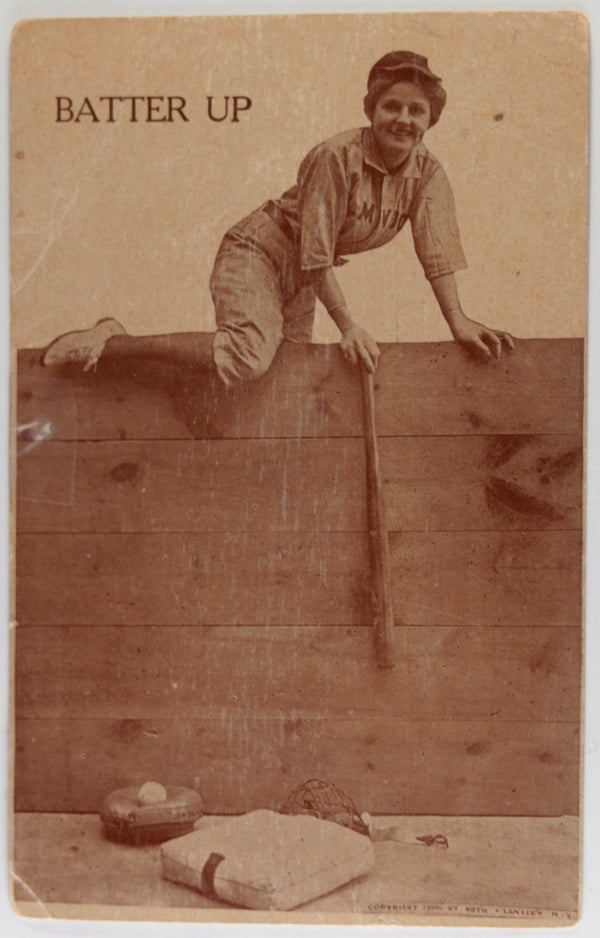 c. 1911 USA two postcards woman baseball player climbing wall