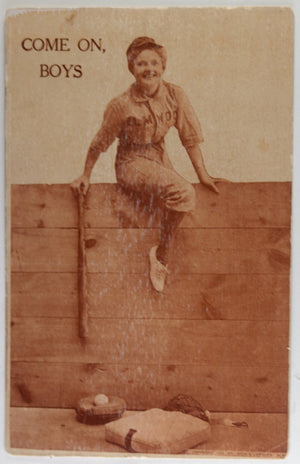 c. 1911 USA two postcards woman baseball player climbing wall
